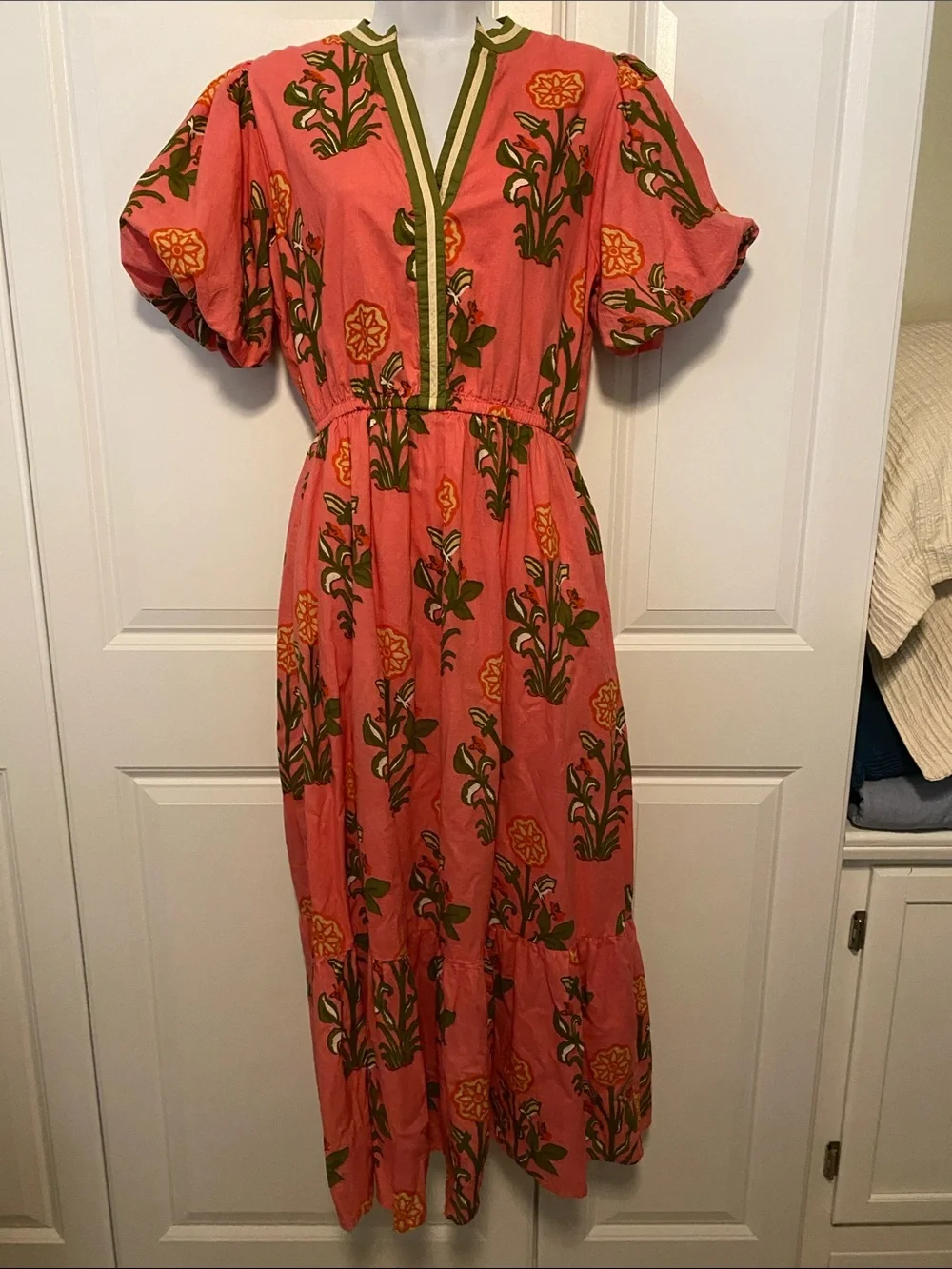 THML Pink Floral Maxi Dress with Olive Trim - Picture 1 of 13